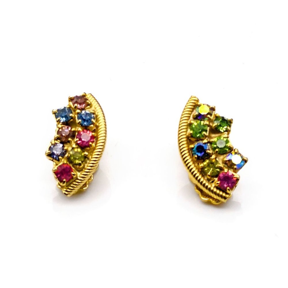 Vintage Pastel Rainbow Earrings, Spring Colored Crystals on Gold Tone Clip On